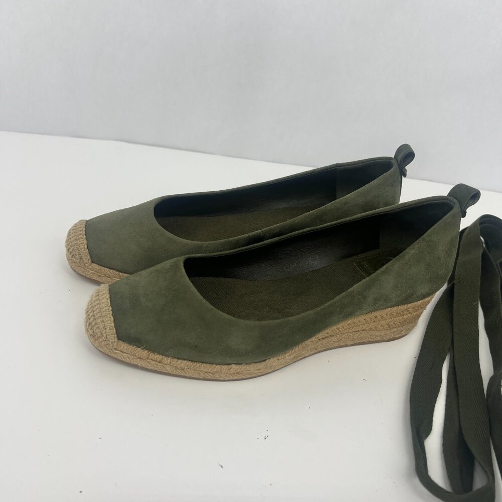 Tory Burch Heather Espadrille Ankle Wrap Wedge Leccio Green Suede - Picture 4 of 12